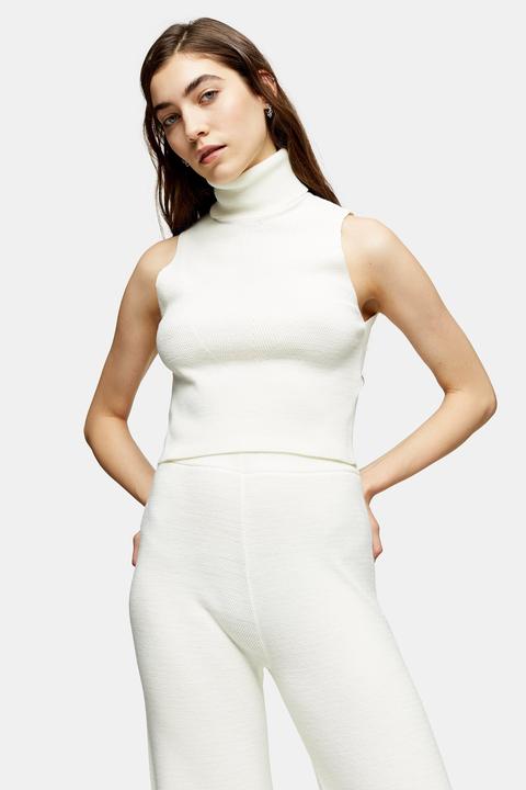 Womens Ivory Sleeveless Roll Neck Knitted Top - Ivory, Ivory