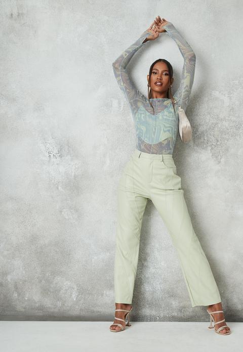 Pantalon Droit Vert Sauge En Similicuir