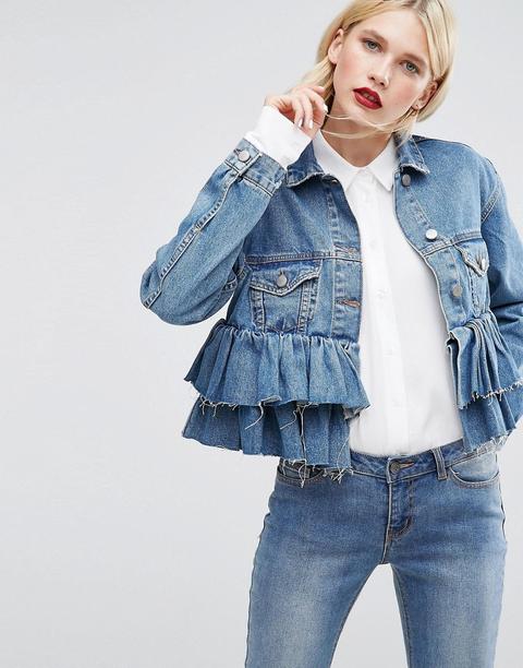 Chaqueta De Denim Corta Con Volante En El Bajo En Azul Con Lavado Medio De Asos