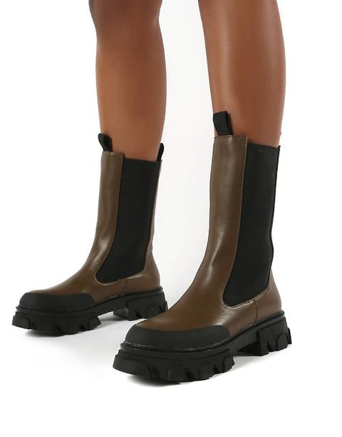 Public Desire Boston Chunky Chelsea Boots In Khaki-green