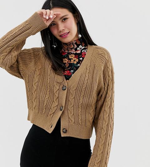 Monki Cropped Cable Knit Cardigan In Beige