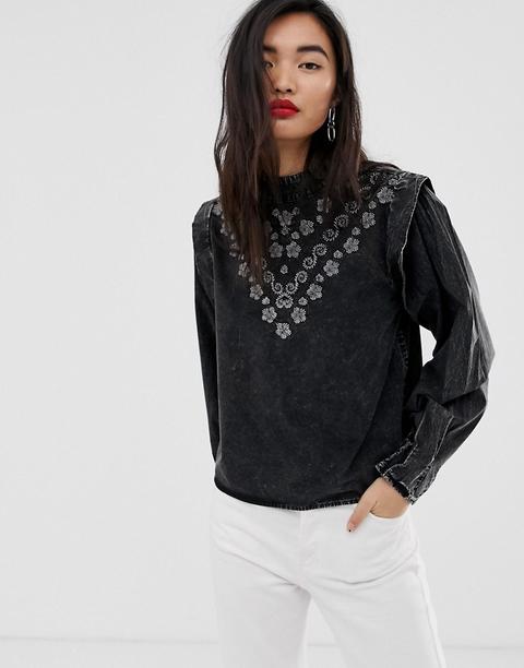 Stradivarius - Str - Blouse Avec Volants Aux Épaules - Délavage À L'acide