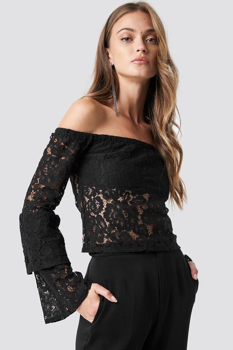 Off Shoulder Flounce Sleeve Lace Top Schwarz