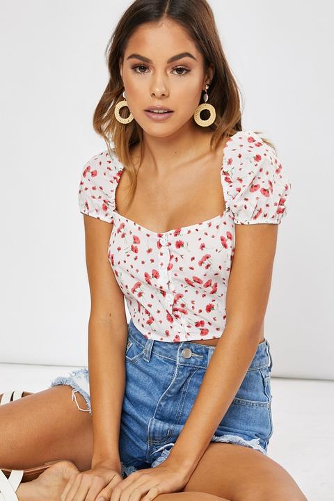 White Tops - Yanah White Floral Square Neck Puff Sleeve Crop Top