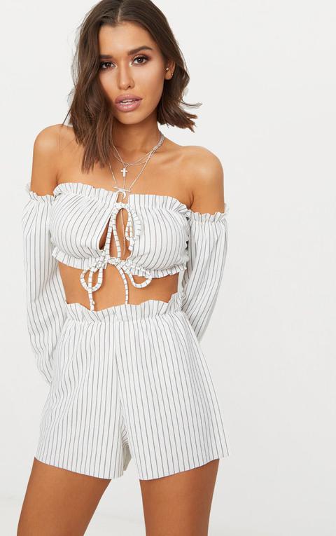 White Ruched Stripe Waist Floaty Shorts