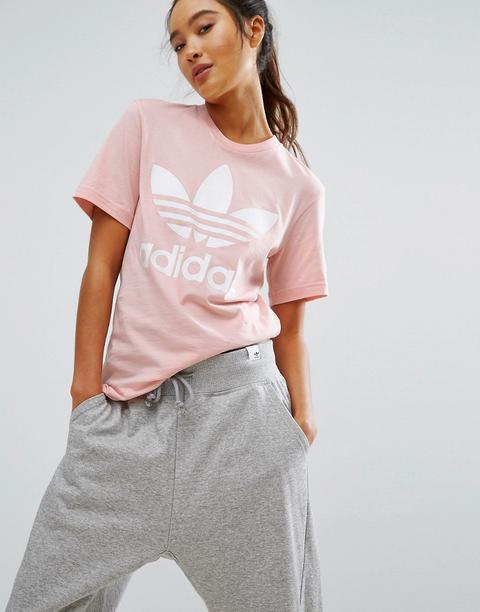 Camiseta Estilo Boyfriend Rosa Con Logo De Trébol De Adidas Originals