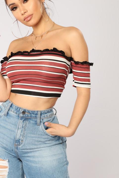 Brea Off The Shoulder Short Sleeve Striped Top - Rust/combo