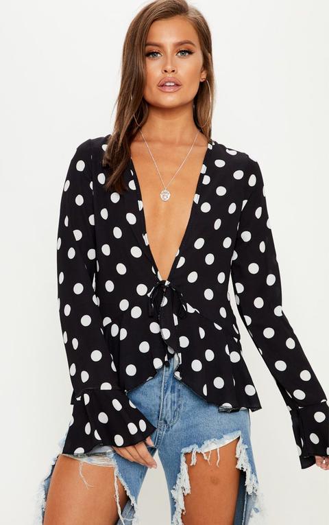 Black Polka Dot Tie Front Blouse