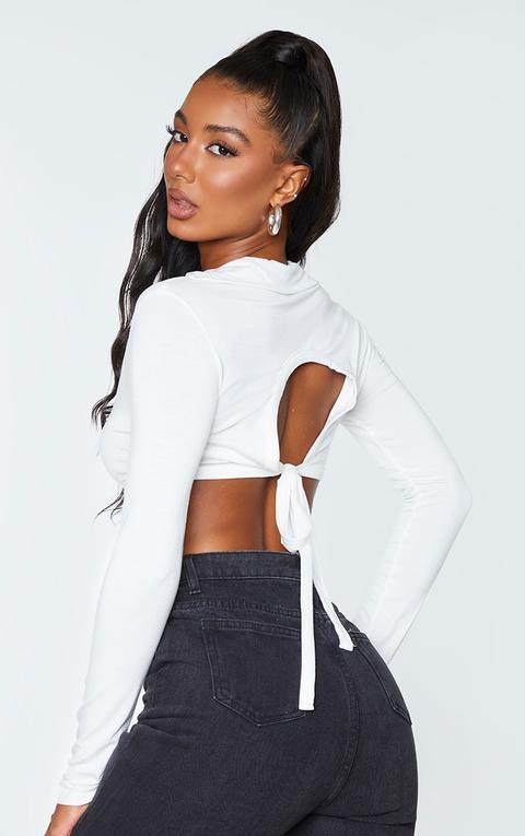 Cream Jersey Long Sleeve Collar Cut Out Tie Back Crop Top