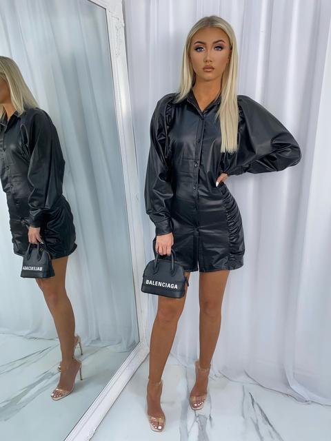 Alarna Faux Leather Shirt Dress - Black (sale)