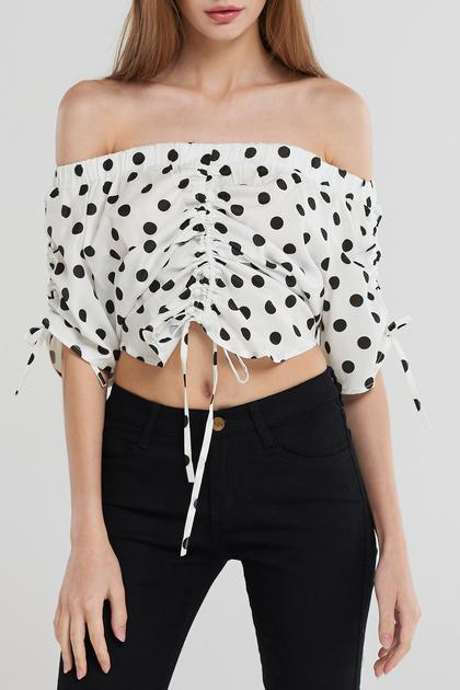 Annika Polka Dot Shirring Blouse-white