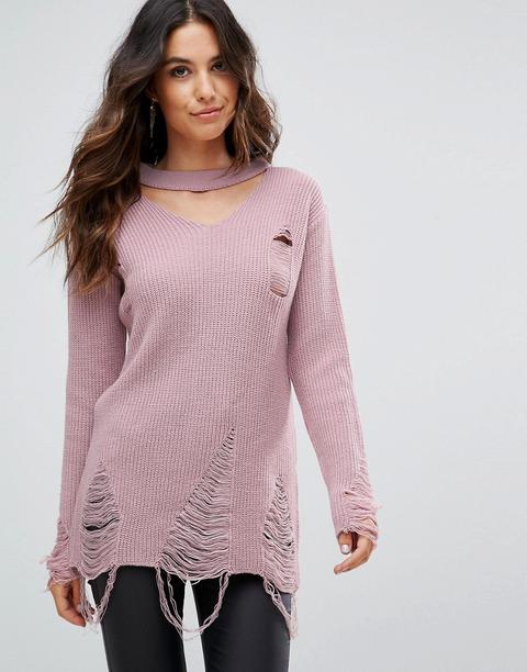 Club L - Maglione Con Collarino E Particolari Smagliati - Rosa