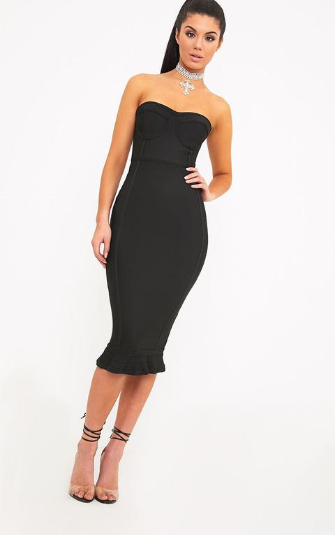 Roxina Black Bandage Frill Hem Midi Dress