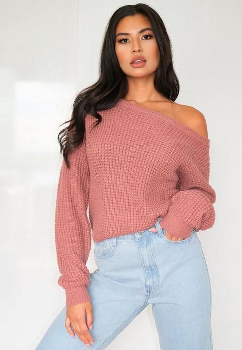 Tall Pink Off The Shoulder Knitted Jumper, Pink