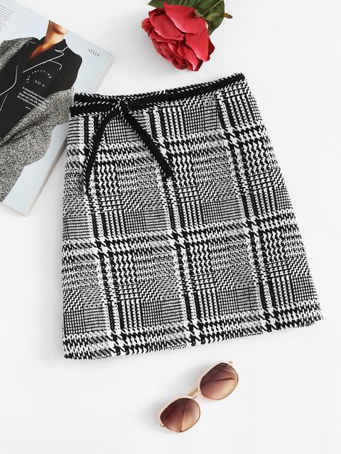 Bow Tie Waist Houndstooth Skirt