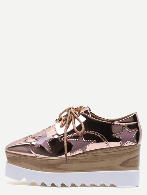 Rose Gold Star Patch Patent Leather Platform Shoes