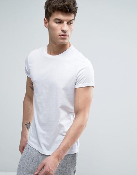 Asos Design - T-shirt Girocollo Bianca Con Maniche Arrotolate - Bianco