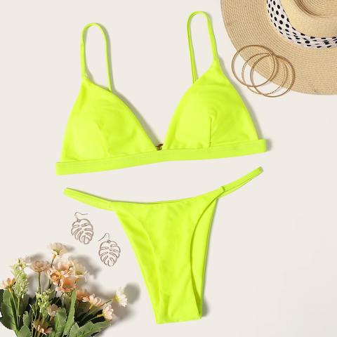 Set De Bikini Top Triángulo Con Costura Amarilla Neón Con Tanga