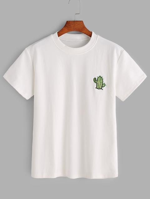 White Cactus Embroidered T-shirt