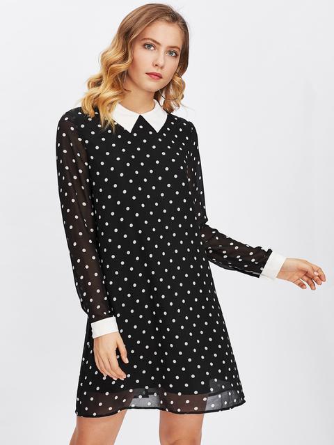 Contrast Collar And Cuff Polka Dot Dress