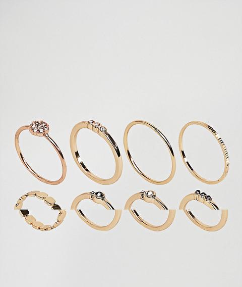Pack De 8 Anillos Combinados De Metal Con Detalles Con Piedras De Asos