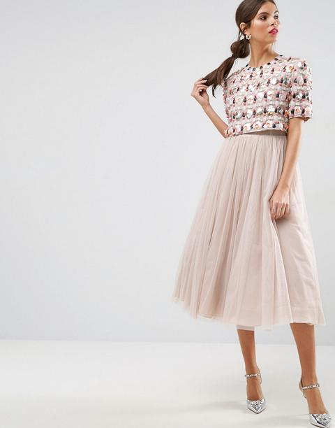 Asos Salon - Vestito Midi In Tulle Con Top Corto Con Grappolo 3d - Multicolore