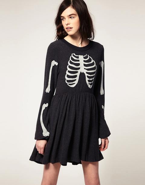 Wildfox - Vestito Stile Babydoll Con Scheletro - Nero