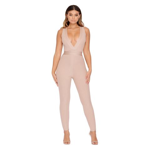 How Deep Is Your Love Plunge Bandage Jumpsuit In Nude