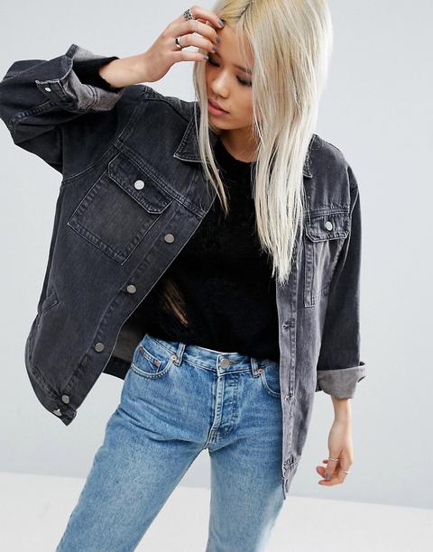 Asos Design – Girlfriend-jeansjacke In Gewaschenem Schwarz