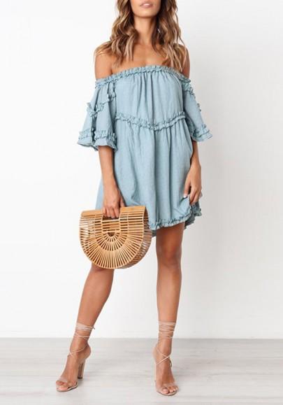 Mini Vestido Volante Hombro Sin Espalda De Gran Tamaño Lindo Beachwear Azul Cielo
