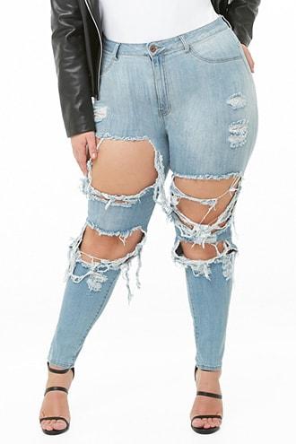 Forever 21 Plus Size Distressed High-rise Jeans Light Blue