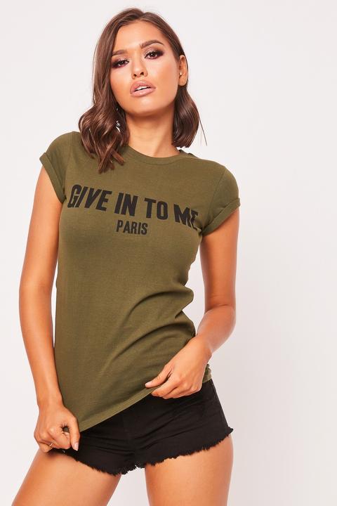Harley Khaki Give In To Me Slogan Print T Shirt