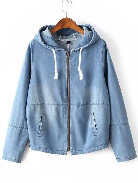 Light Blue Zipper Up Drawstring Hooded Jacket With Pocket