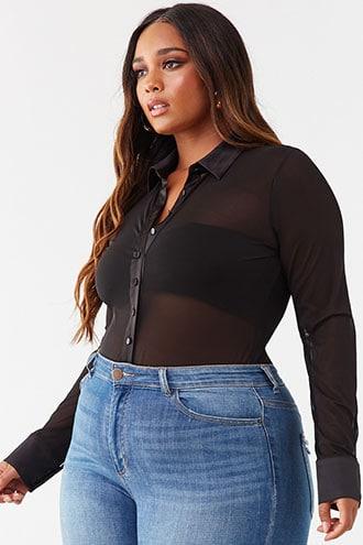 Forever 21 Plus Size Satin-trim Bodysuit , Black