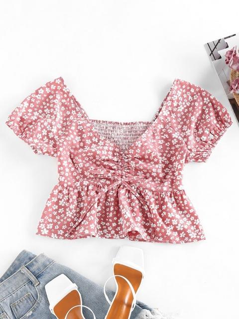 Zaful Blusa De Peplum Con Estampado De Flor Rosy Brown Black Light Purple