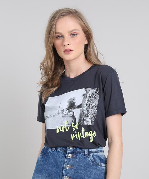 T-shirt Feminina Mindset "not So Vintage" Manga Curta Decote Redondo Chumbo