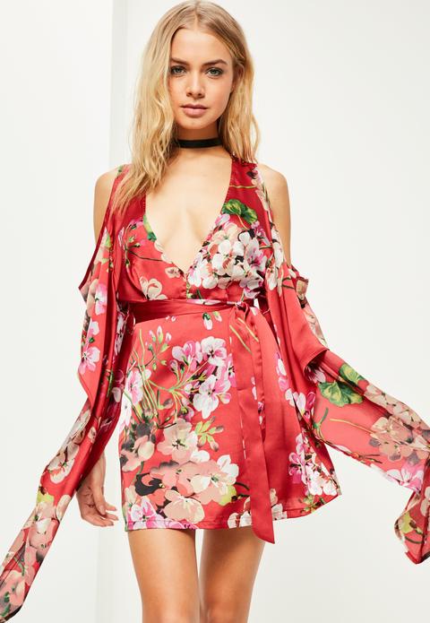 Red Silky Floral Cold Shoulder Kimono Sleeve Shift Dress