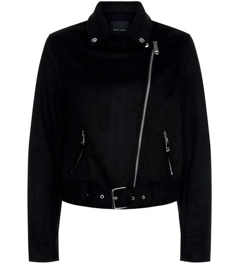 Black Suedette Biker Jacket New Look