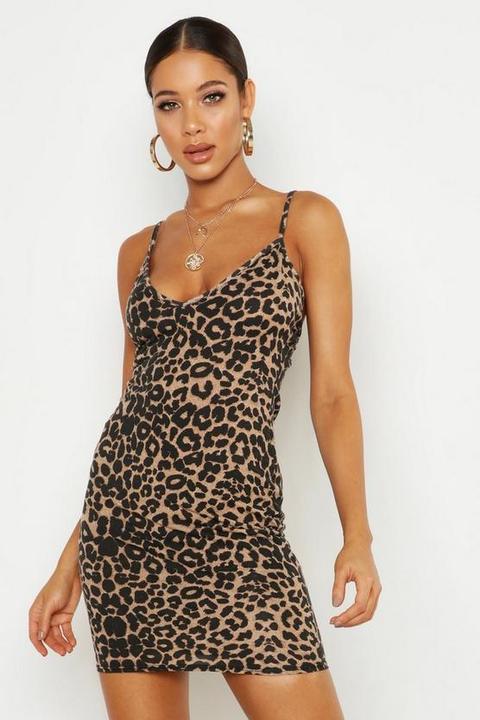 Vestido Bodycon De Cuello Alto Y Estampado De Leopardo, Beige