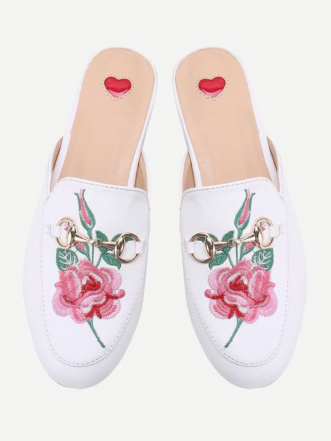 White Flower Embroidery Loafer Mules