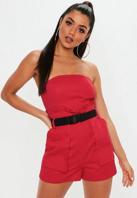 Red Buckle Paper Bag Combat Playsuit, Red