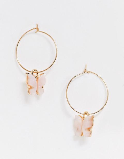 Asos Design Hoop Earrings With Pink Butterfly Charm In Gold Tone