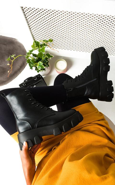 Xanthe Lace Up Chunky Biker Boots In Black Pu