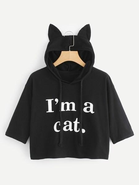 Slogan Stampa Crop Hooded Tee