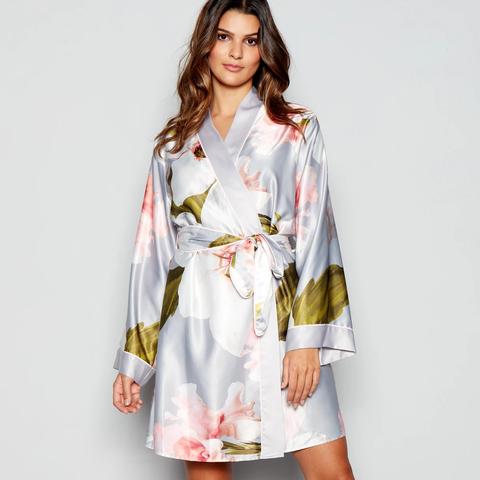 B By Ted Baker - Grey Satin 'chatsworth Bloom' Kimono Dressing Gown