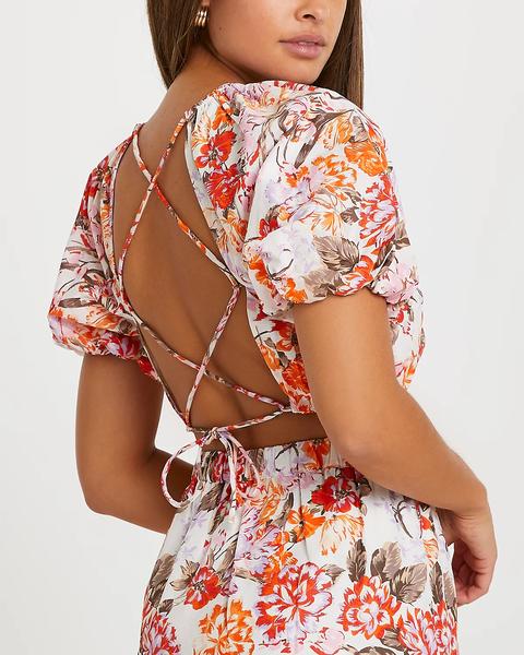 Orange Floral Puff Sleeve Tie Back Crop Top