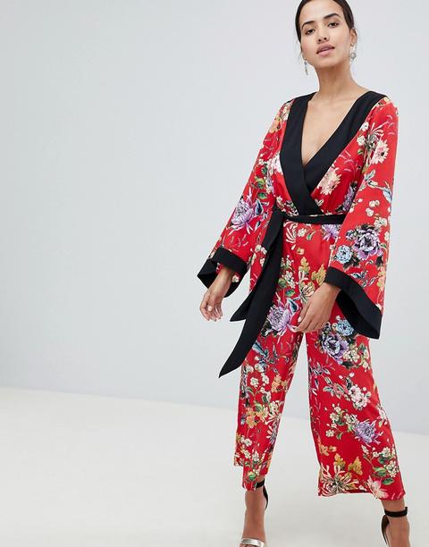 Mono Largo Estilo Kimono Con Ribetes Y Estampado Floral De Asos Design