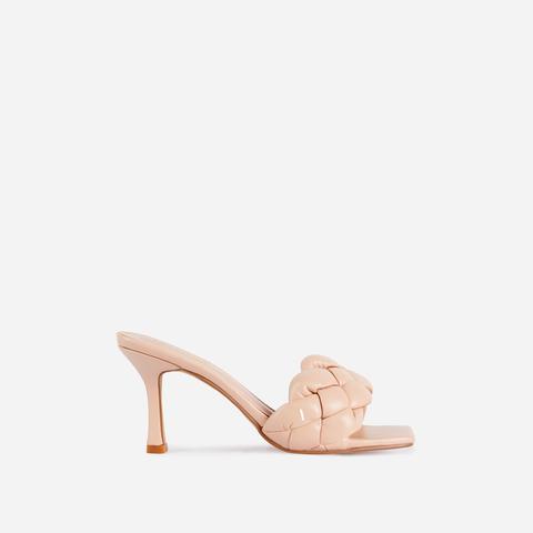 Waves Square Peep Toe Woven Kitten Heel Mule In Nude Faux Leather, Nude