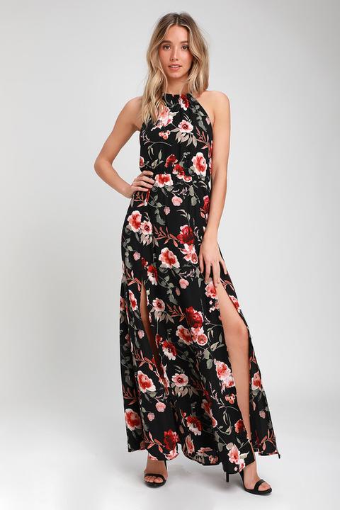 Feel The Music Black Floral Print Maxi Dress - Lulus