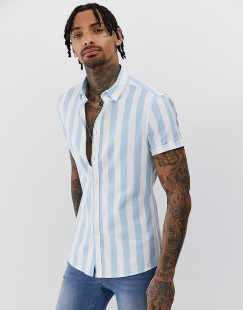 Asos Design - Camicia Oxford Skinny A Righe - Blu